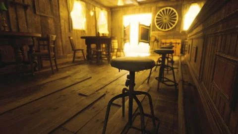 Sundrenched bar interior featuring aged furniture and inviting ambiance Stock Footage 343626090