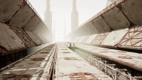 Sundrenched empty corridor featuring aging rails and distant cityscape Stock Footage 334337288