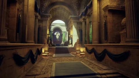 Sundrenched marble corridor lined with decorative pillars and statues Stock Footage 341833033