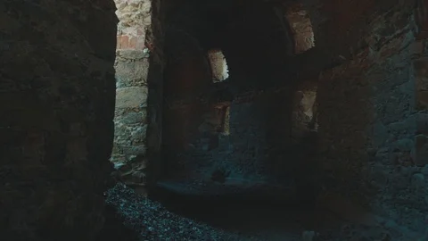 Sunflare Peaking through Window of Old Tower Ruin | HD Stock Footage 88319106