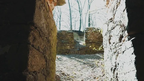 Sunflares Peaking through Door of Old Tower Ruin | HD Stock Footage 88318017
