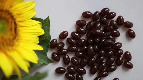 Sunflower and brown supplement capsules representing natural wellness Video stock 344043969