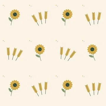 Sunflower and wheat rustic seamless pattern. Periodic seamless square tile wi Stock Illustration