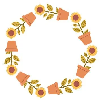Sunflower circular frame made of potted flowers. Flat hand drawn vector Stock Illustration