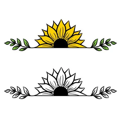 Sunflower divide border decor with half flowers drawing. Flower split decoration Stock Illustration