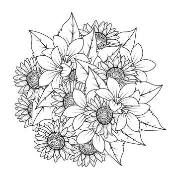 Sunflower doodle art vector design with line art coloring page and simple pen Stock Illustration