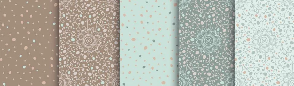 Sunflower Easter Eggs pattern set. Curles floral pattern. Simple seamless vector Stock Illustration