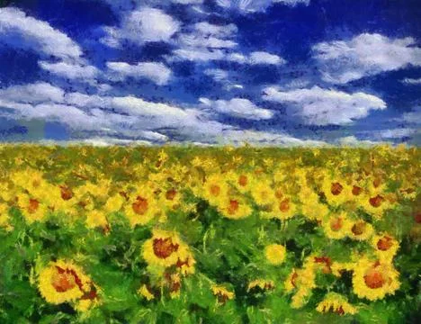 Sunflower field under blue sky background painting Stock Illustration