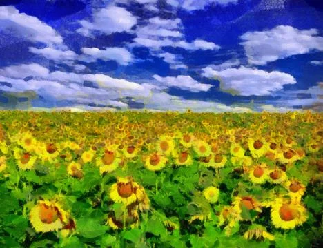 Sunflower field under blue sky background painting Stock Illustration
