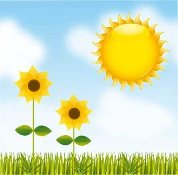 Sunflower over landscape with sun. vector illustration Illustrazione stock