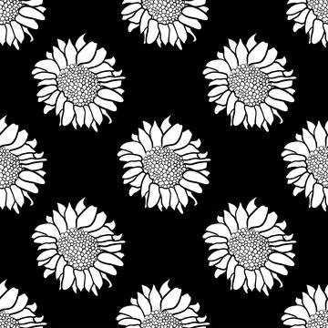 Sunflower repeat pattern in black and white Stock Illustration