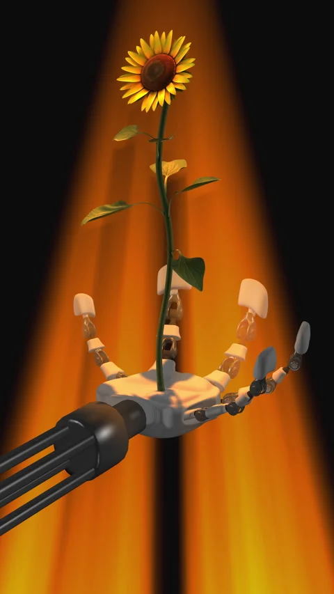 Sunflower in robot hand,Gold Video stock 333115423