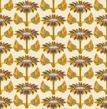 Sunflower. Seamless floral pattern with stylized decorative flowers and leave Stock Illustration