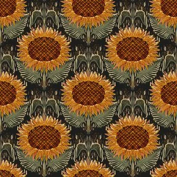 Sunflower seamless Modern pattern. fabric background. Floral hand draw textil Stock Illustration