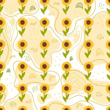 Sunflower seamless pattern with abstract forms, lines and dots, colorful orna Stock Illustration