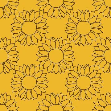Sunflower seamless pattern. Vector line yellow flowers texture background Stock Illustration