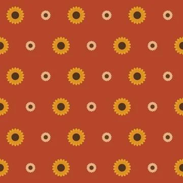 Sunflower seamless pattern with yellow and cream flowers on rust red background, Stock Illustration