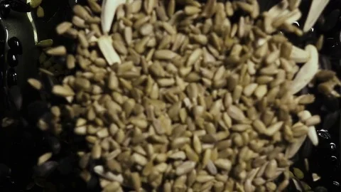 Sunflower seeds fall down into the oil. Slow motion Stock Footage 74345259
