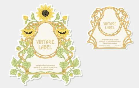 Sunflower. Set of 2 labels, decorative frames, borders. Stock Illustration