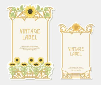 Sunflower. Set of 2 labels, decorative frames, borders. Stock Illustration