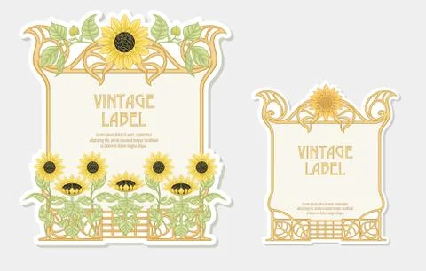 Sunflower. Set of 2 labels, decorative frames, borders. Stock Illustration