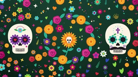 Sunflower with a skull face inside a flower wreath between two sugar skulls Vidéo 348259612