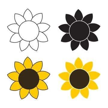 Sunflower symbol set in different styles outline, filled, colored Stock Illustration