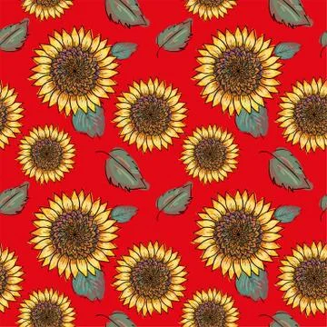 Sunflower vector seamless pattern with green leaves, imitating ink and waterc イラスト素材