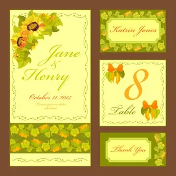Sunflower Wedding card set. Printable Vector illustration. Stock Illustration