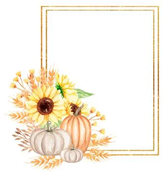 Sunflower, wheat and pumpkins Frame Clipart, Watercolor Thanksgiving wreath Stock Illustration