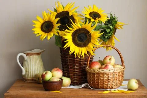 Sunflowers and apples creating a rustic still life on wooden table 스톡 사진