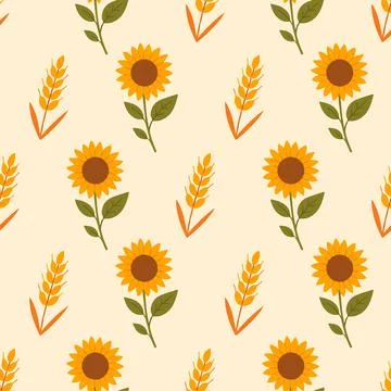 Sunflowers and Wheat Cream Pattern Stock Illustration