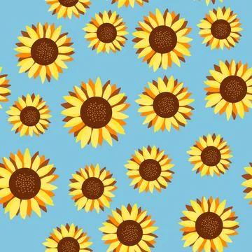 Sunflowers pattern. Flat sunflowers design. Illustration of yellow flowers on Stock Illustration