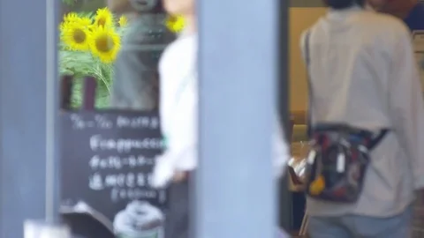 Sunflowers reflection on the window of urban cafe Video stock 78172224