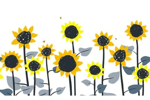 Sunflowers. Vector horizontal border seamless pattern. Hand drawn sunflowers on Illustrazione stock