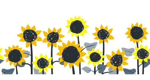 Sunflowers. Vector horizontal border seamless pattern. Hand drawn sunflowers on 스톡 일러스트