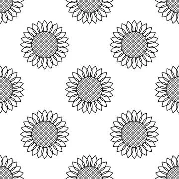 Sunflowers. Vector seamless pattern. Simple modern style. Black elements on a Illustrazione stock