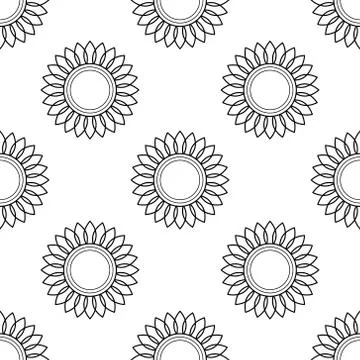 Sunflowers. Vector seamless pattern. Simple style. The black outline of elements Stock Illustration