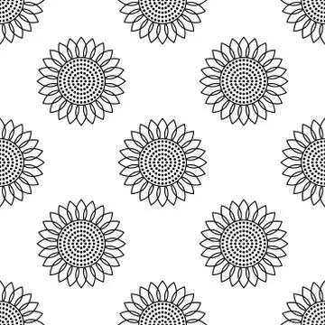 Sunflowers. Vector seamless pattern. Simple flat style. Abstract black elements Stock Illustration