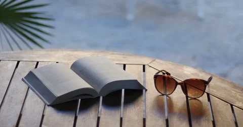 Sunglasses and Book on Table with Palm in Background Holiday Stock Footage