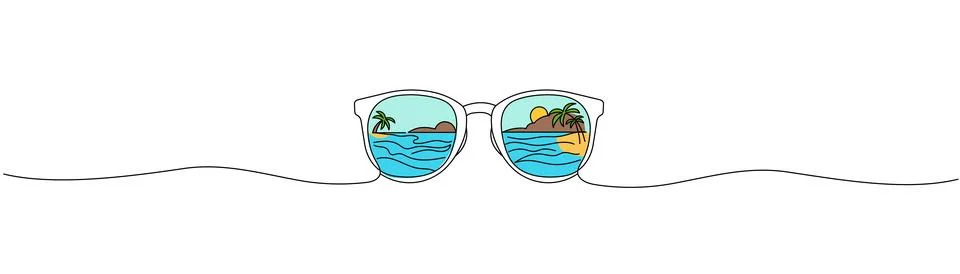 Sunglasses with beach reflection continuous line design vector Editable strok Stock Illustration