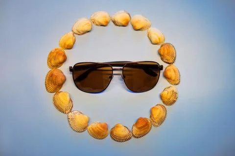 Sunglasses in a circle of seashells Stock Photos
