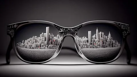 Sunglasses with a city in the background. Stock Illustration