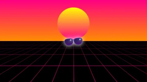 Sunglasses float above a retro futuristic digital grid landscape Stock Footage 345098913