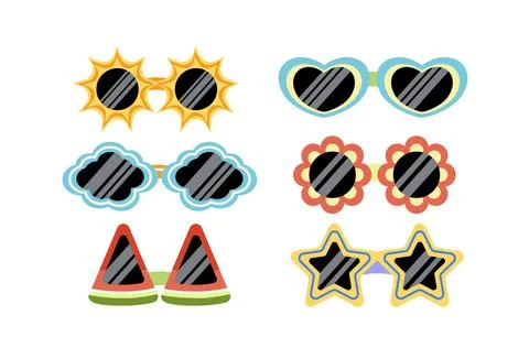 Sunglasses. Funny frame of glasses in shape of flowers, sun, star, watermelon 스톡 일러스트