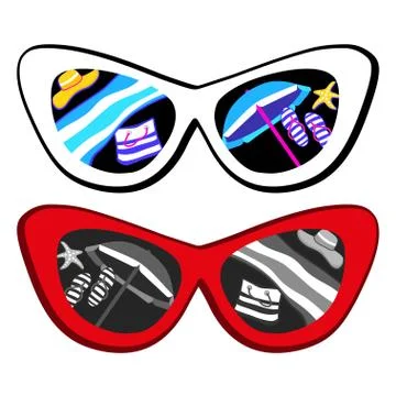 Sunglasses with sunset reflection at beach. Stock Illustration