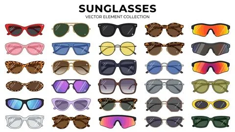 Sunglasses vector element collection featuring trendy eyewear styles and co.. Stock Illustration