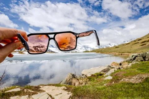 Sunglasses View of Alpine Lake Stock Photos