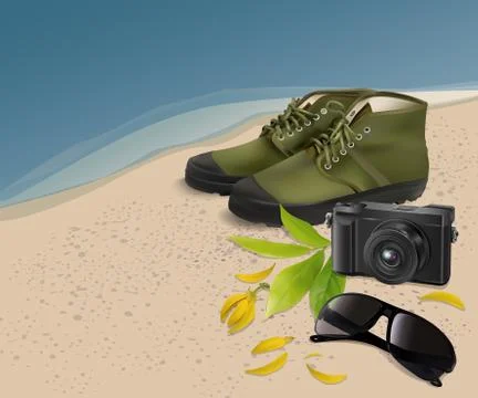 Sunglasses,shoe,camera with flower and leaf on the beach,vector illustration 스톡 일러스트