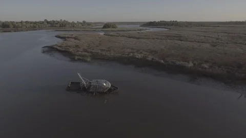 Sunken Boat Pull Medium Wide D-Log Stock Footage 89873912